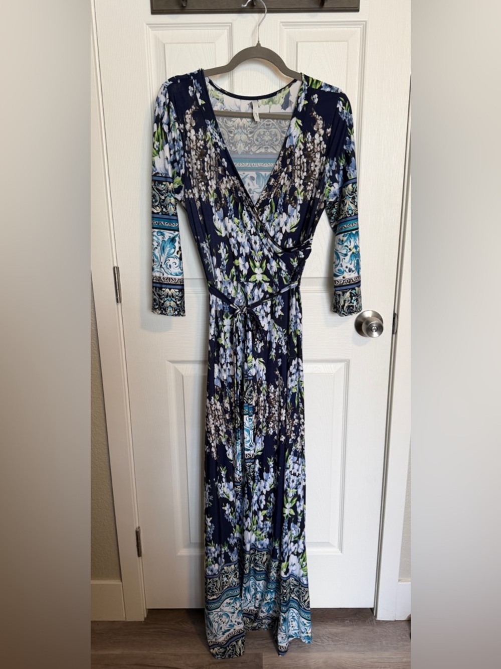 Tua Navy Garden Whimsy Floral Wrap Maxi Dress Size L Boho Long Sleeve Tie Waist - Picture 2 of 6